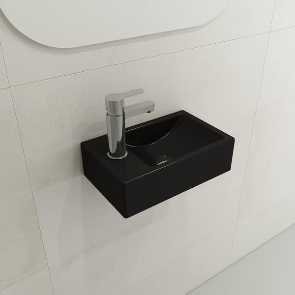 BOCCHI Milano Wall-Mounted Matte Black Fireclay Bathroom Sink 14.5 in. 1-Hole Left Side Faucet Deck