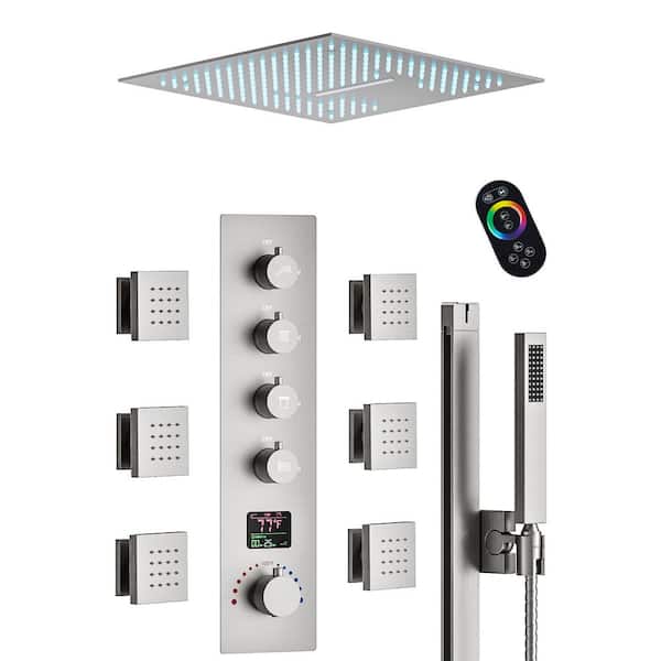 Thermostatic 15-Spray 16 in. Ceiling Mount Square LED Mood Lighting Shower System with Valve in Brushed Nickel