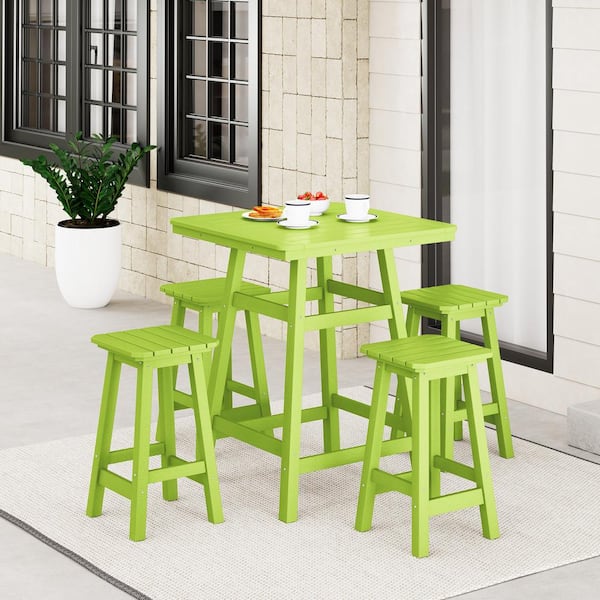 Laguna 5-Piece Fade Resistant HDPE Plastic Outdoor Patio Square Counter Height Bistro Set, Matching Barstools in Lime