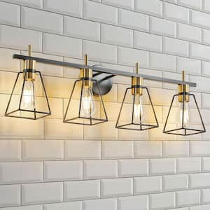 31 in. 4 Light Black And Gold Vanity Light With Metal Cage Shade Farmhouse Bathroom Light Fixture Industrial Wall Sconce