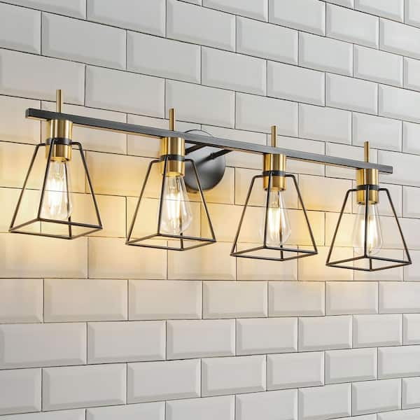KAISITE 31 in. 4 Light Black And Gold Vanity Light With Metal Cage Shade Farmhouse Bathroom Light Fixture Industrial Wall Sconce