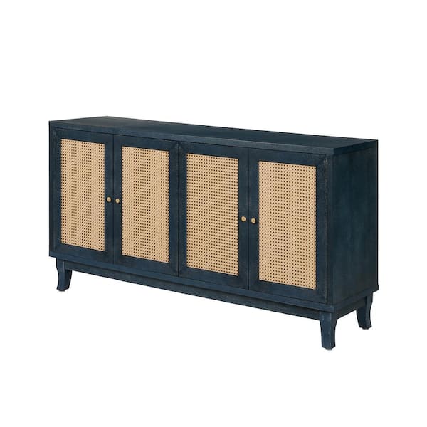 59.80 in. W x 15.60 in. D x 32.30 in. H Antique Navy Blue Linen Cabinet Sideboard with 4 Rattan Doors