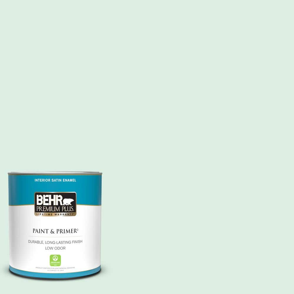 BEHR PREMIUM PLUS 1 qt. #M420-1 Sparkling Brook Satin Enamel Low Odor  Interior Paint & Primer 705004 - The Home Depot