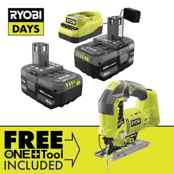 RYOBI ONE+ 18V Lithium-Ion 4.0 Ah Compact Battery (2-Pack) and Charger Kit with Free Cordless Orbital Jig Saw
