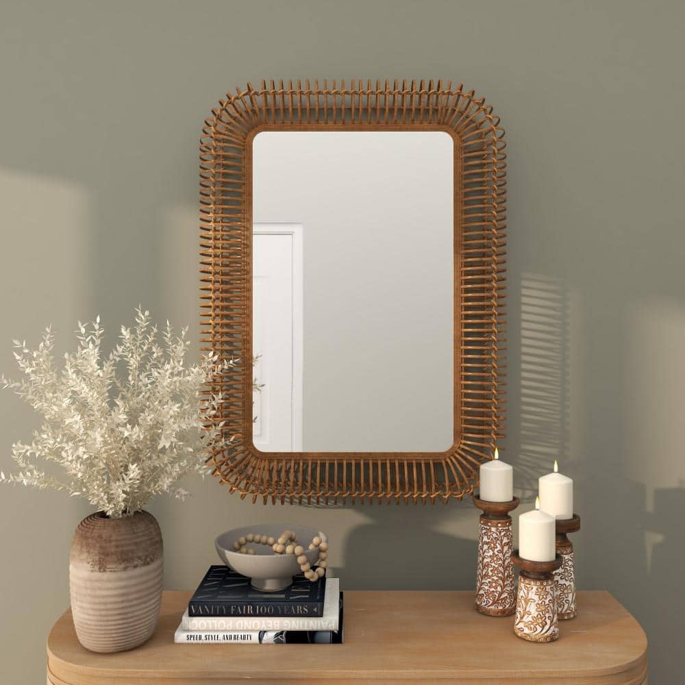 Brown Handmade Woven Rattan Rectangular Full Length Wall Mirror