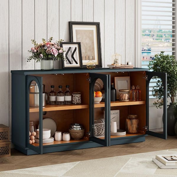 Navy Blue Wood Pantry Organizer, Storage Buffet Cabinet with Glass Doors and Adjustable Shelves