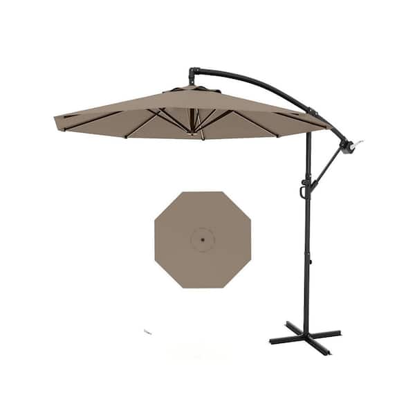 10 ft. Metal Pole Cantilever Offset Patio Umbrella in Tan with Tilt Adjustment and Cross Base