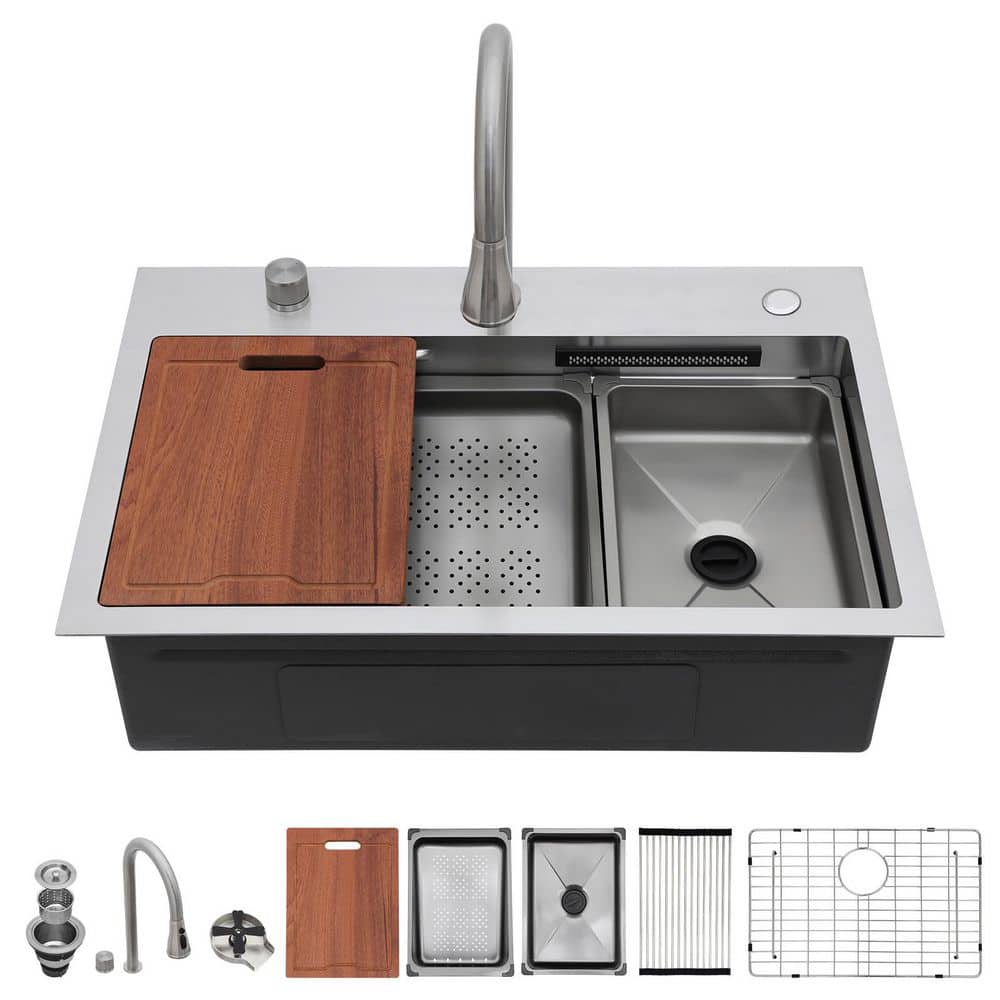 31 in. Drop-In/Topmount Single Bowl 16-Gauge Stainless Steel Waterfall Kitchen Sink with Bottom Grid and Faucet price history on PriceWatchPro