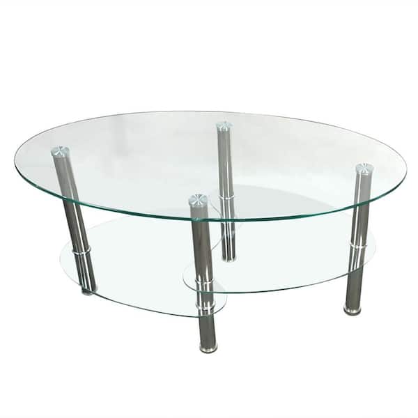 Winado Tempered Glass Oval Side Coffee Table Chrome Finished Legs