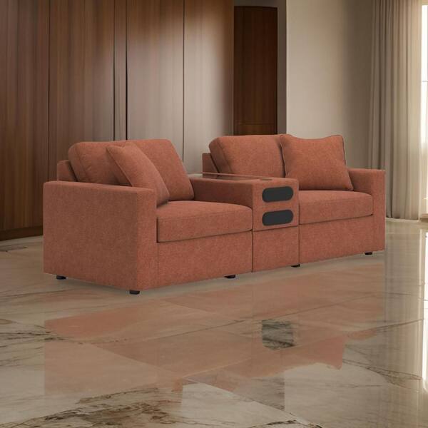 Benjara Meso 37 in. Square Arms 3-Piece Polyester Rectangle Modular Sectional Sofa in. Rustic Brown with 2-Throw Pillows