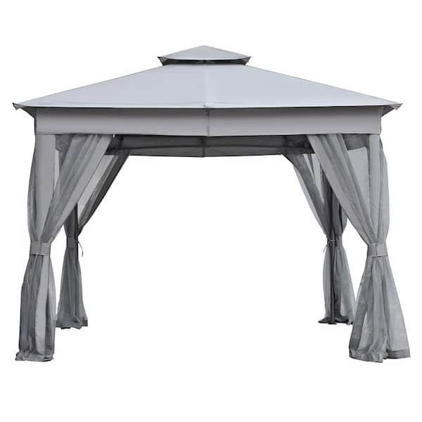10 ft. x 12 ft. Gray Outdoor Gazebo Tent with Double Roofsand Mosquito Netting for Backyard