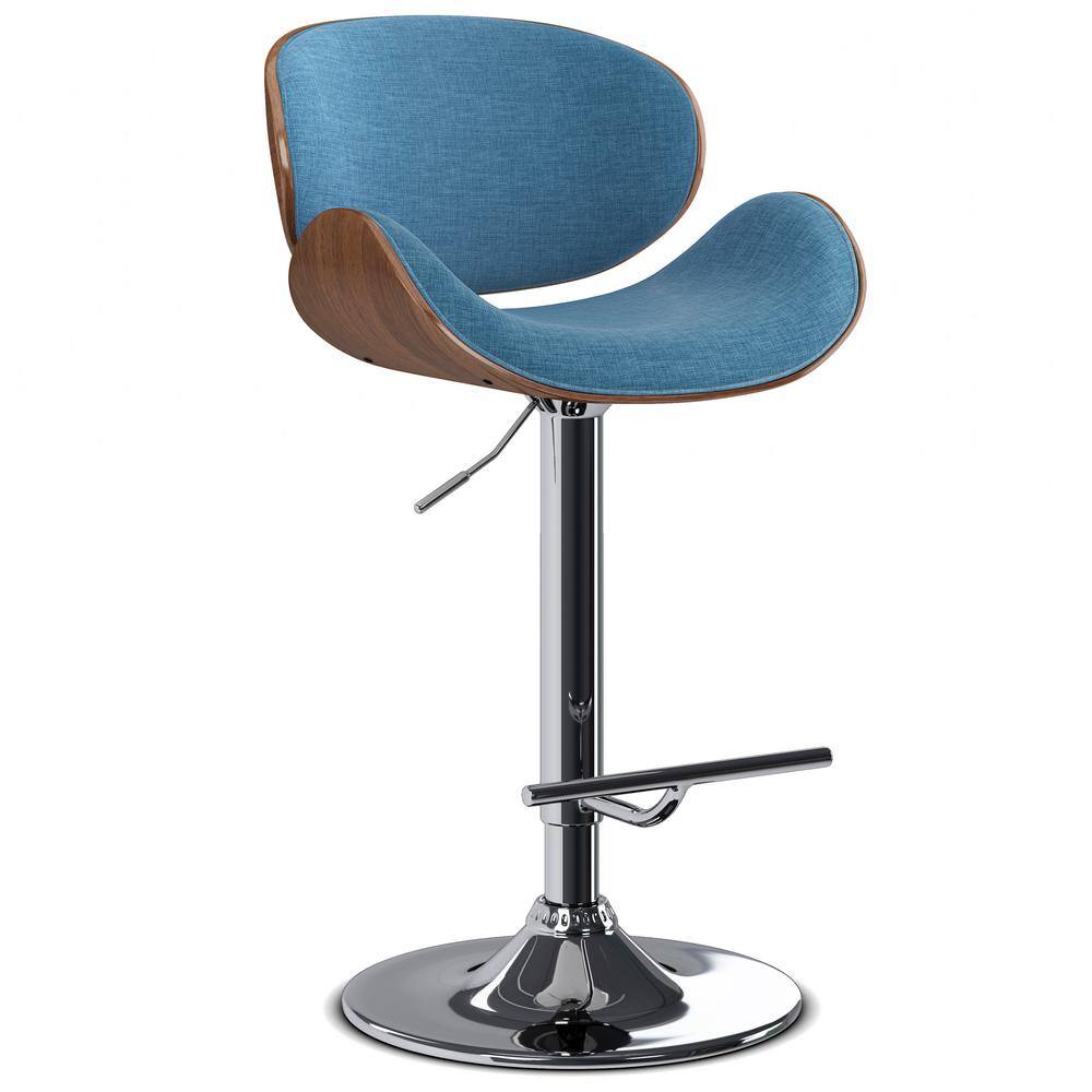 Blue Linen Adjustable Swivel Bar Stool with Wood Accents