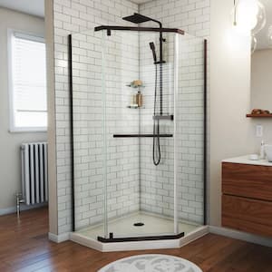 Prism 38 in. W x 74.75 in. H Neo Angle Pivot Semi-Frameless Corner Shower Enclosure in Bronze with Biscuit Shower Base