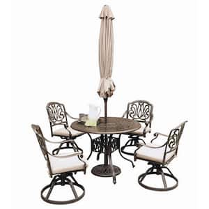 Capri Taupe Tan Brown 42 in. 7-Piece Cast Aluminum Round Outdoor Dining Set with Umbrella with Natural Tan Cushions
