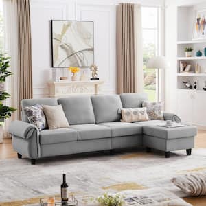 111.82 in. Rolled Arm Fabric L Shape Sectional Sofa with Reversible Ottoman in Gray