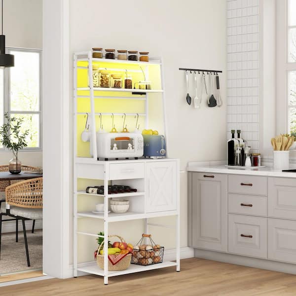 Tileon Kitchen Pantry with Power Outlet and LED Lights, Coffee Bar with Storage Shelves, Wine Bottle Rack, Drawer, White