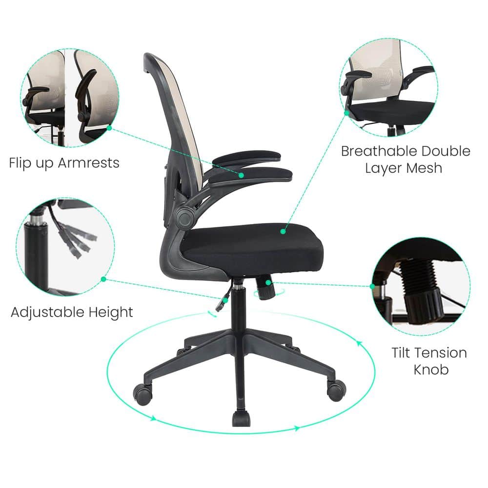 Newton Beige Mesh Adjustable Swivel Office Chair with Flip-Up Arms