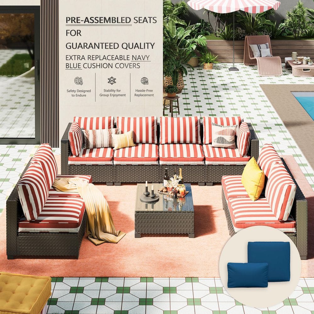 Hav Rattan 9p Stabenton 9-Piece Wicker Rattan Outdoor Patio Conversation Seating Set ...
