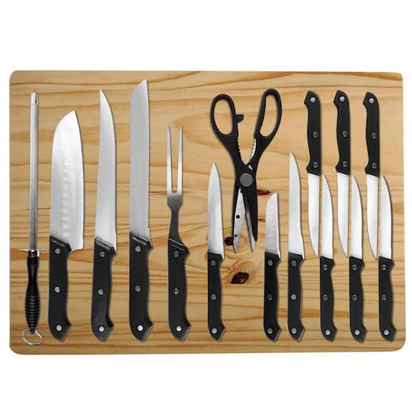 LEXI HOME Stainless Steel,Cutting Board  16-Piece Black Cutlery Set with Jumbo