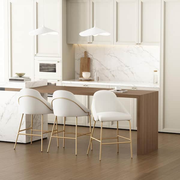 Gracie 26 in. Modern White and Gold Metal Frame Counter Height Bar Stool with Faux Leather Upholstered Seat (Set of 3)