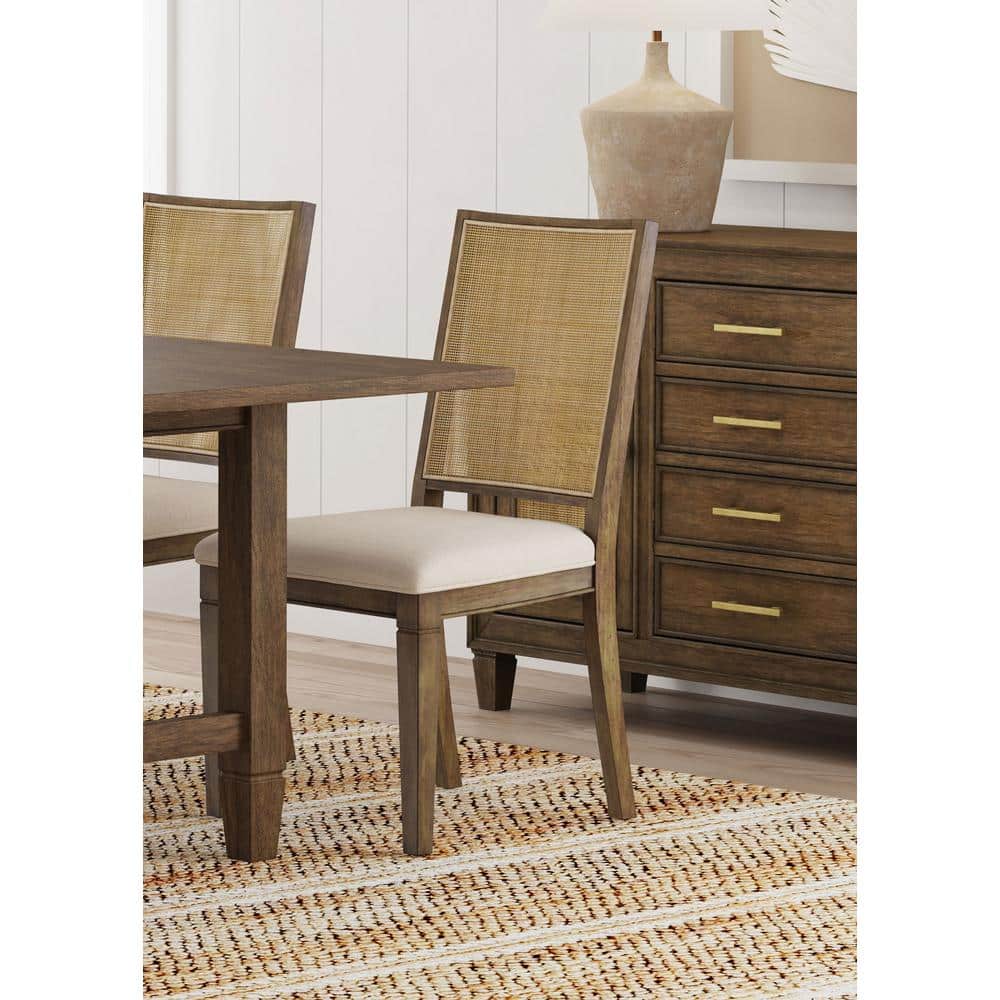 Beige Rattan Cane Back Transitional Side Chair Set