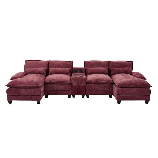Modern 126 in. 4-Pieces Fabric Upholstered U-Shaped with Wireless Charging and Bluetooth Audio Sectional Sofa in. Red