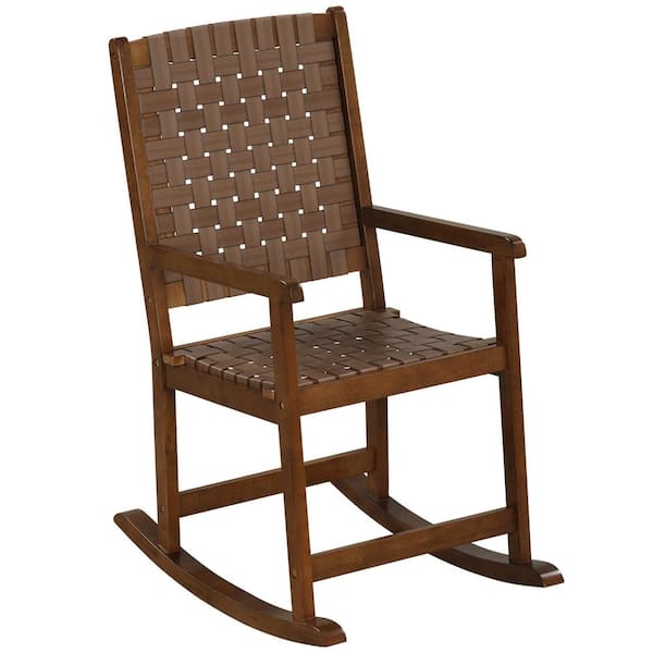ANGELES HOME Brown Wood Outdoor Rocking Chair with PU Seat