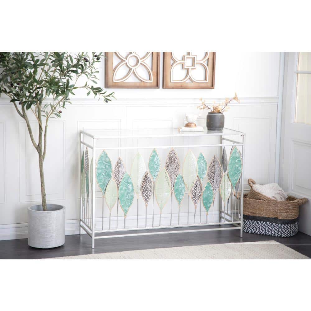 Silver Metal and Glass Console Table with Leaf Design