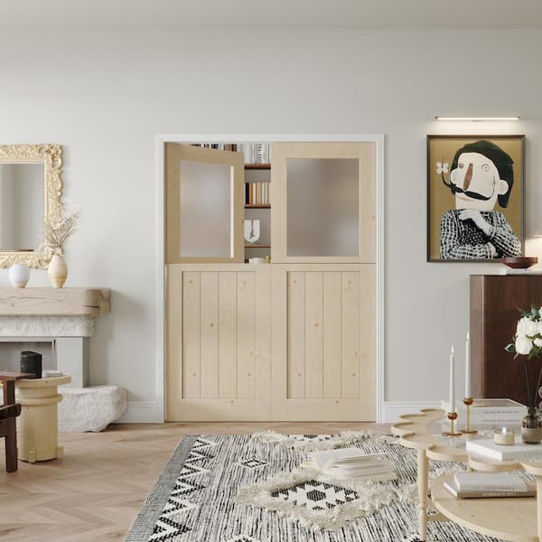 64 in. x 80 in. Finished Dutch Door, Half Bore Frosted Glass Split Interior Door Slab with Natural Pine Wood Color