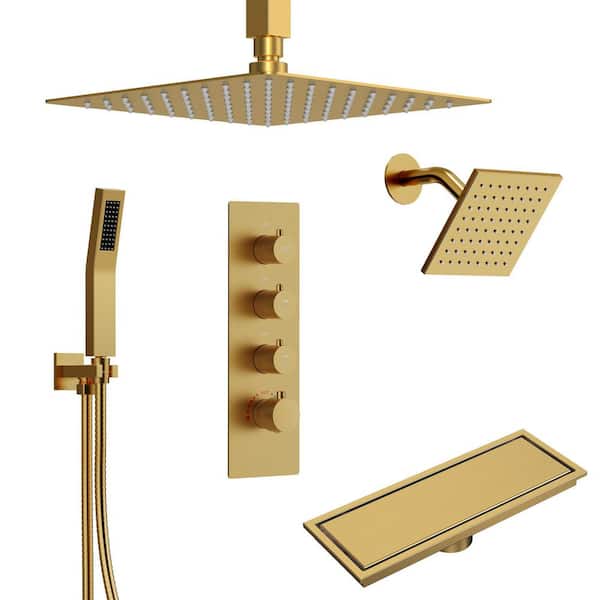 7-Spray 16 and 6 in. Ceiling Mount Dual Fixed and Handheld Shower Head with Shower Drain 2.5 GPM in Brushed Gold