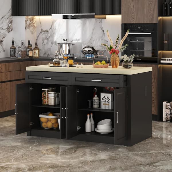 Luxury Black Wood 61 in. W Kitchen Island Dining Bar Table with Marble Wood Grain Countertop and Built-in Power Outlets