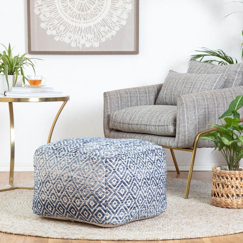 Cherokee Blue and Beige Diamond Pattern Square Pouf Ottoman