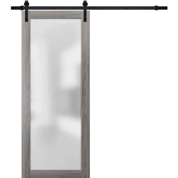 Sartodoors 24 in. x 80 in. Full Lite Frosted Glass Gray Finished Solid Pine Wood Sliding Barn Door with Hardware Kit