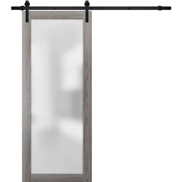 Sartodoors 32 in. x 80 in. Full Lite Frosted Glass Gray Finished Solid Pine Wood Sliding Barn Door with Hardware Kit