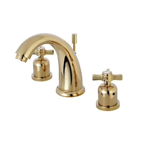 Kingston Brass Kaiser Cross 8 in. Widespread 2-Handle Mid-Arc Bathroom Faucet in Polished Brass