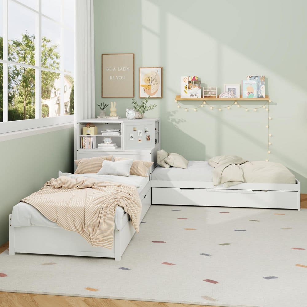Natural Wood Frame Twin Size Platform Bed with Trundle and Drawer, Built-in Desk and Led Downlight