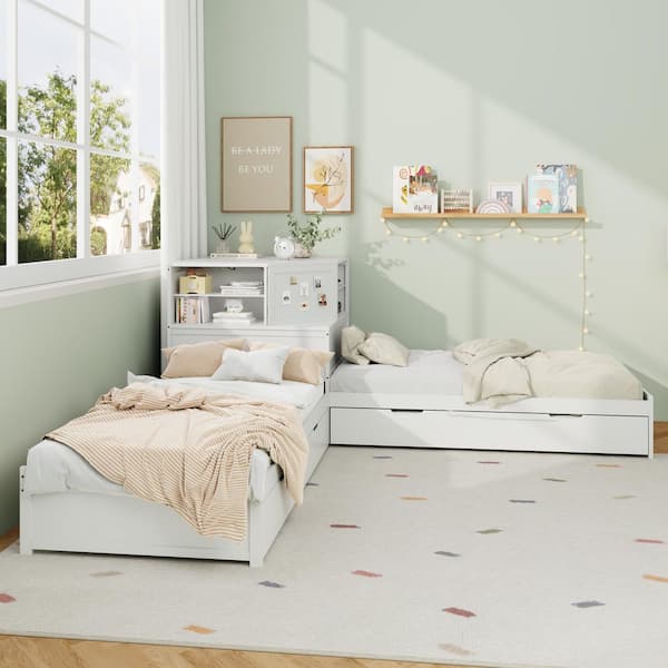 White Wood Frame Twin Size Platform Bed with Trundle and Drawer, Built-in Desk and Led Downlight