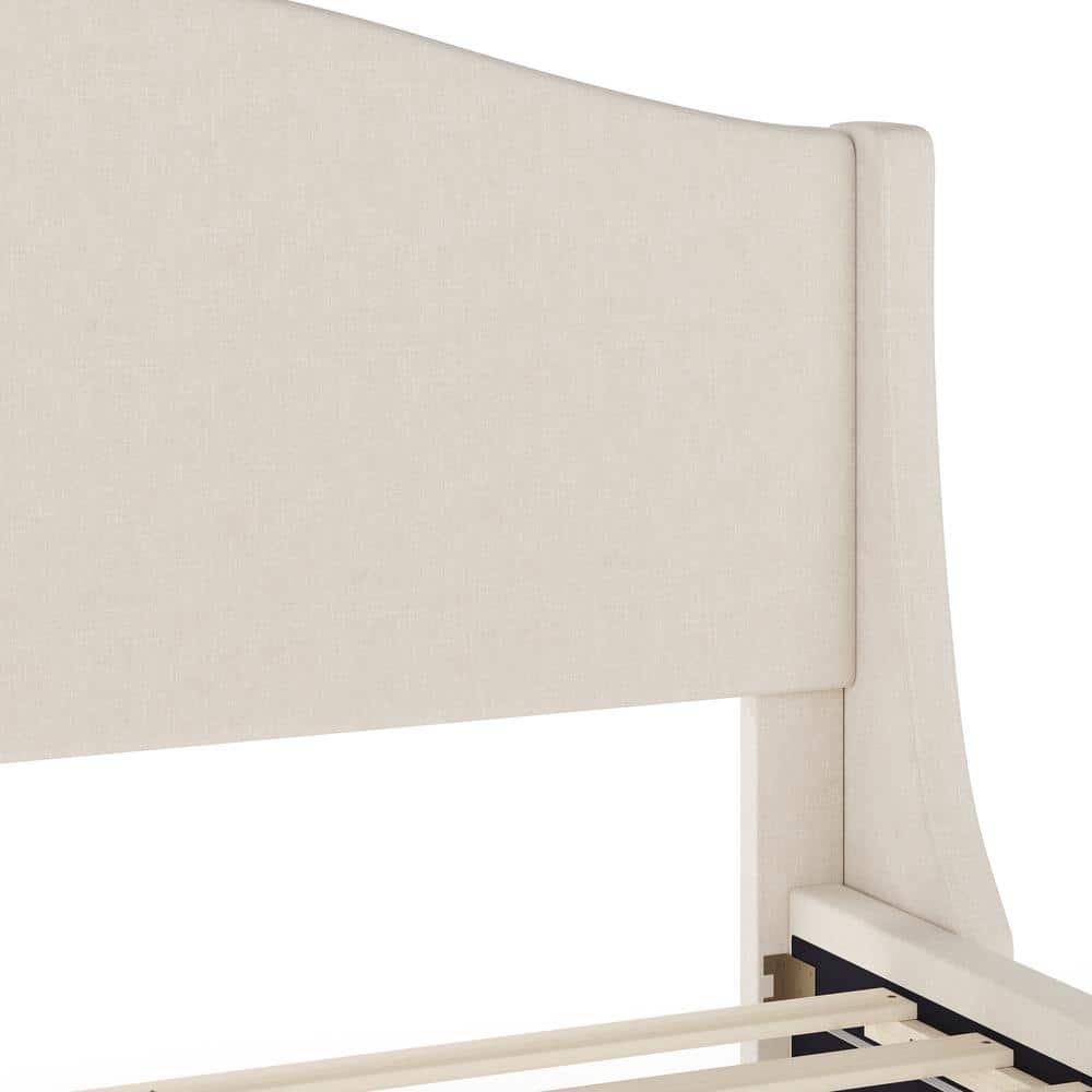 Full Beige Linen Upholstered Platform Bed with Walnut Legs