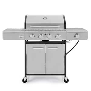 4-Burner Propane Gas Grill in Stainless Steel with Side Burner Regulator and Hose