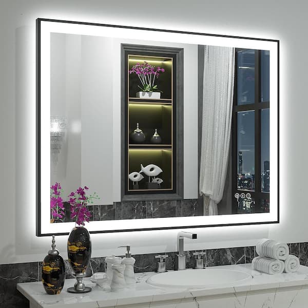 Apmir 40 in. W x 30 in. H Rectangular Space Aluminum Framed Dual Lights Anti-Fog Wall Bathroom Vanity Mirror in Tempered Glass