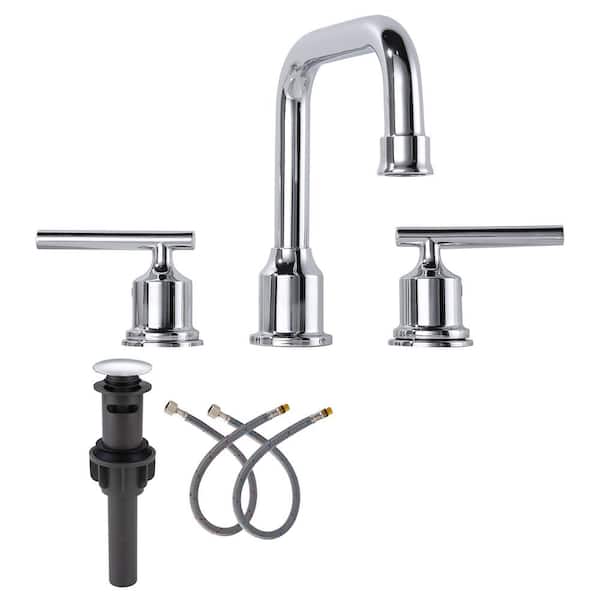 AVITAS 8 in. Widespread 3 Hole Lead-Free Double Handle Bathroom Faucet with Pop-up Drain and Supply Lines in Poliahed Chrome