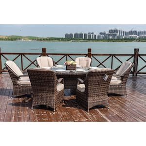 ELLE Brown 7-Piece Wicker Oval Outdoor Dining Set with Beige Cushions