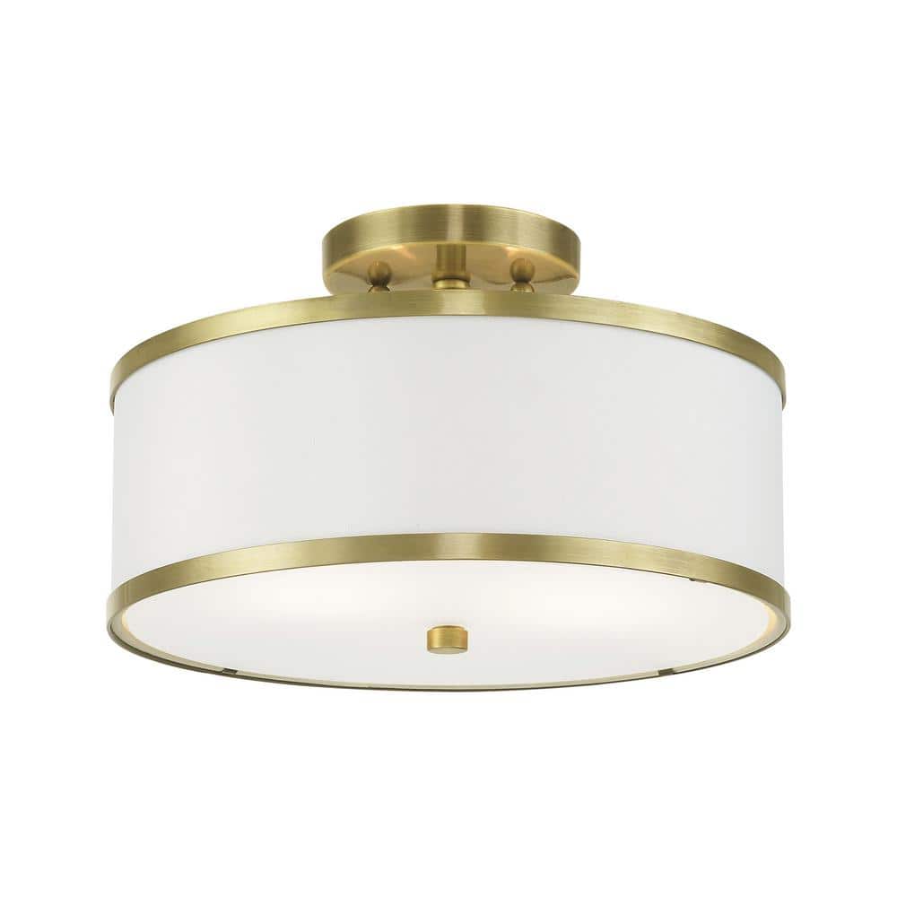 Antique Brass and Off-White Fabric Semi-Flush Mount Light