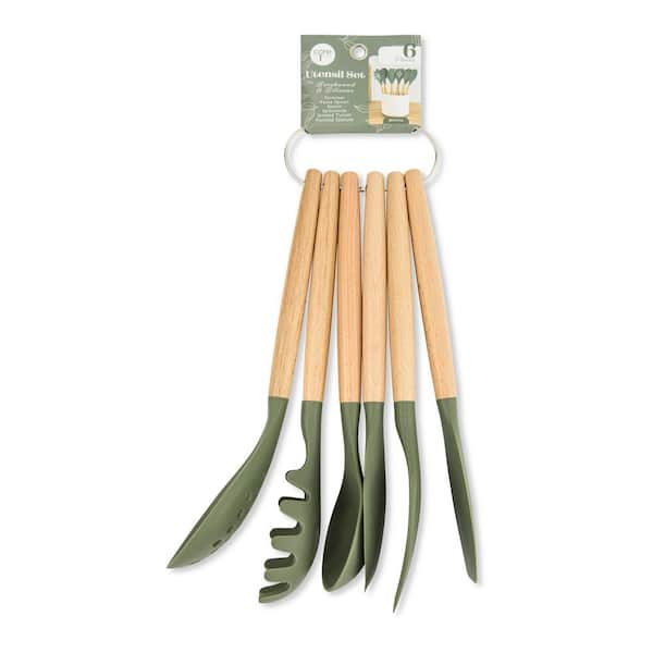 Dark Green 6 Pieces Beechwood and Silicone Utensil Set