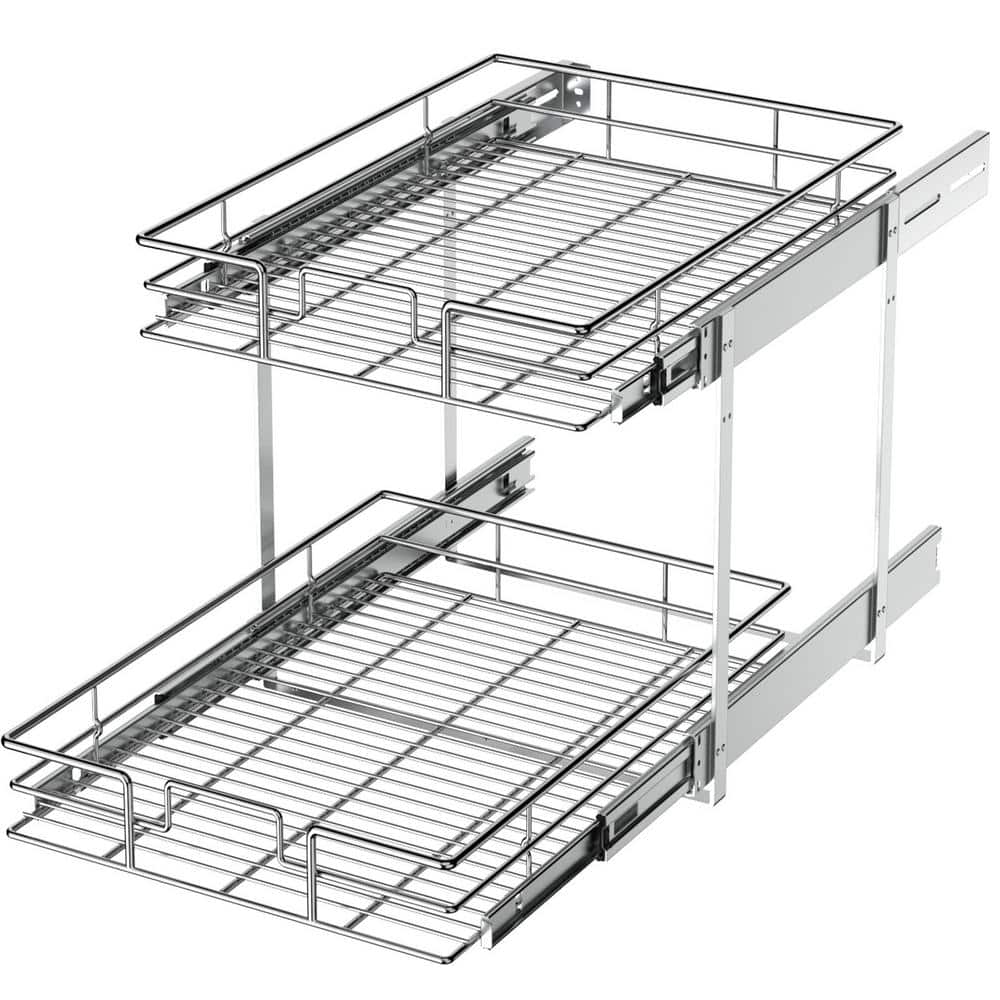 Smart Design 2-Tier Shelf Pull-Out Cabinet Organizer - Medium - Roll-Out  Extendable Sliding Drawer - Steel Metal - Holds 100 lbs. - Cabinets,  Cookware, Bakeware Items - Kitchen - 14 x 18-32 - Chrome 
