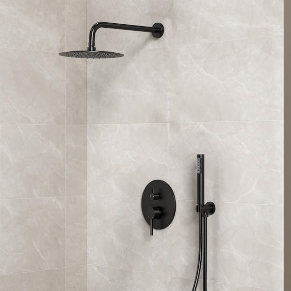 2-Spray Patterns Round 10 in. Wall Mount Dual Shower Heads with Handheld in Matte Black