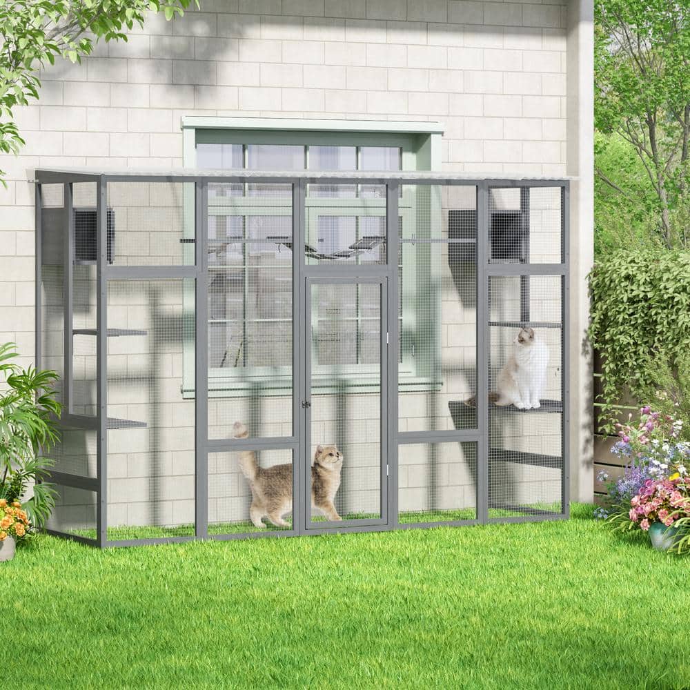 Gray Pine and PVC Large Outdoor Cat Enclosure