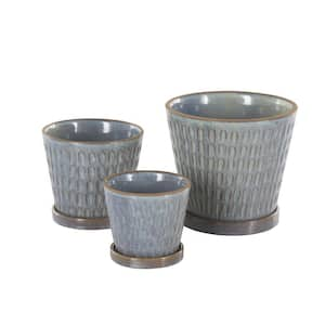 7 in., 5 in., and 4 in. Small Blue Ceramic Geometric Oval Patterned Planter with Brown Accents and Base Tray (3- Pack)