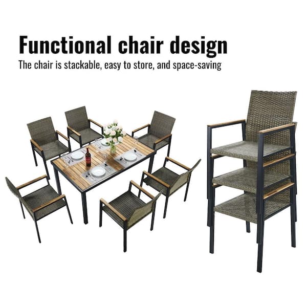 7-Piece Grayish Brown Wicker Outdoor Dining Sets with 6-Chairs and Acacia Wood Table Top Dining Table and Umbrella Hole