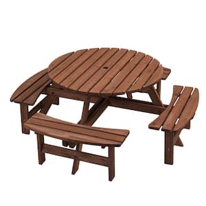 67 in. Brown Circular 6-Person Wood Outdoor Picnic Table, Camping Dining Table with 3 Built-in Benches & Umbrella Hole